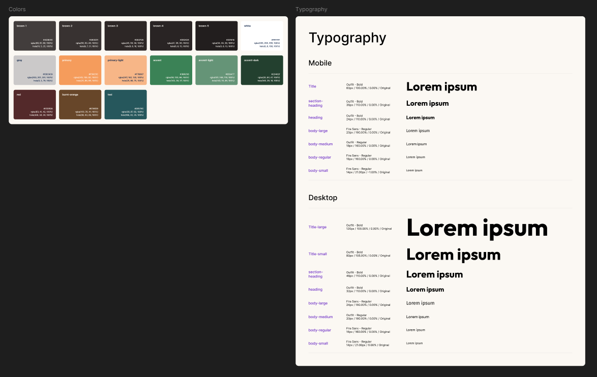 Colors and typography styles being used in the project