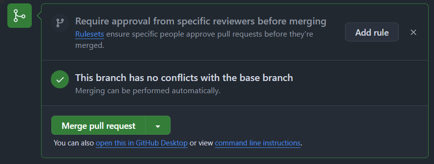 GitHub pull request with notice that "This branch has no conflicts with the base branch"