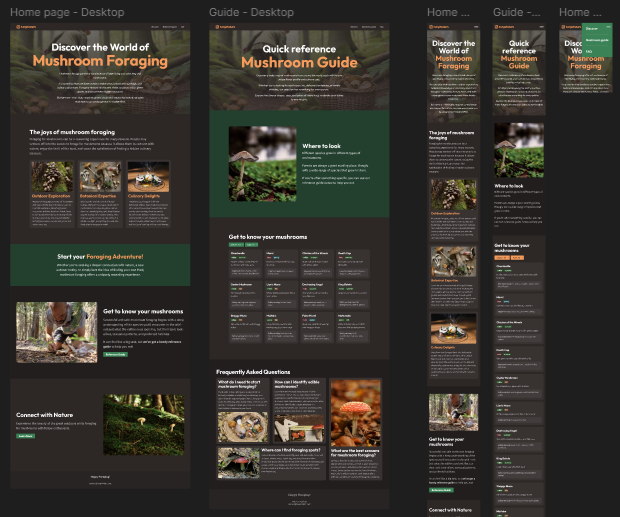 Desktop and mobile versions of the design for the website FungiFinders